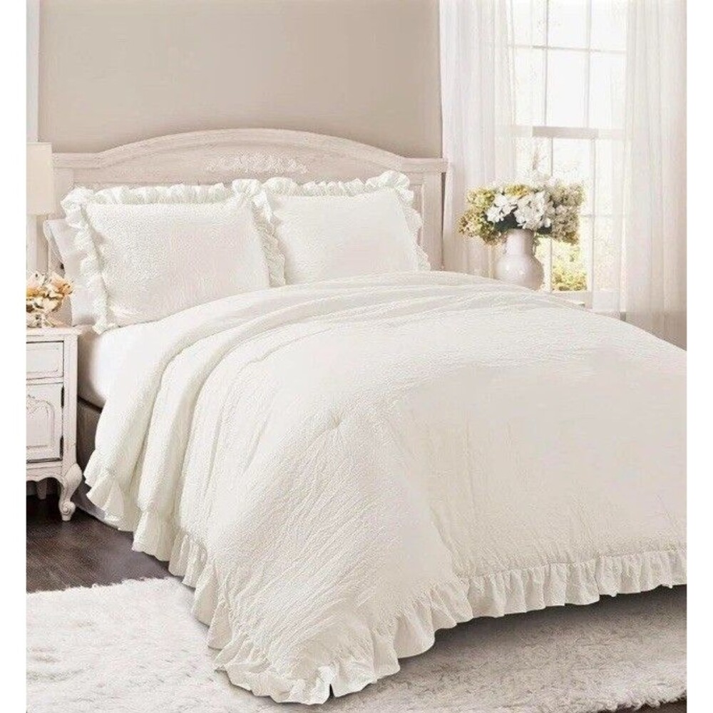 White Ruffled Full Comforter Set with 2 Pillow Shams 3 Piece Polyester 79x90